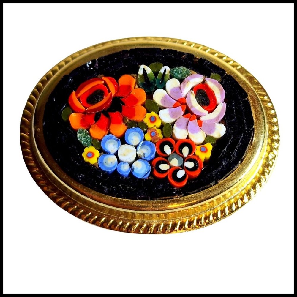 Vintage Italy Micro Mosaic Millefiori 4 Flowers Red Pietra Dura‎ Brooch Pin Oval
